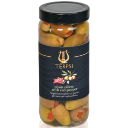 370 g - OLIVES VERTES FARCIES AUX POIVRONS ROUGES • GÉANTES